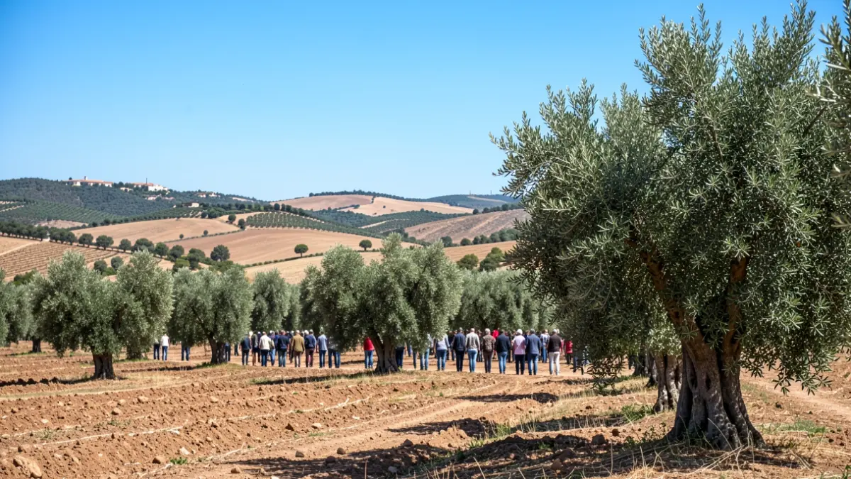 Andalusian rural landscape with hills and olive trees under a blue sky.