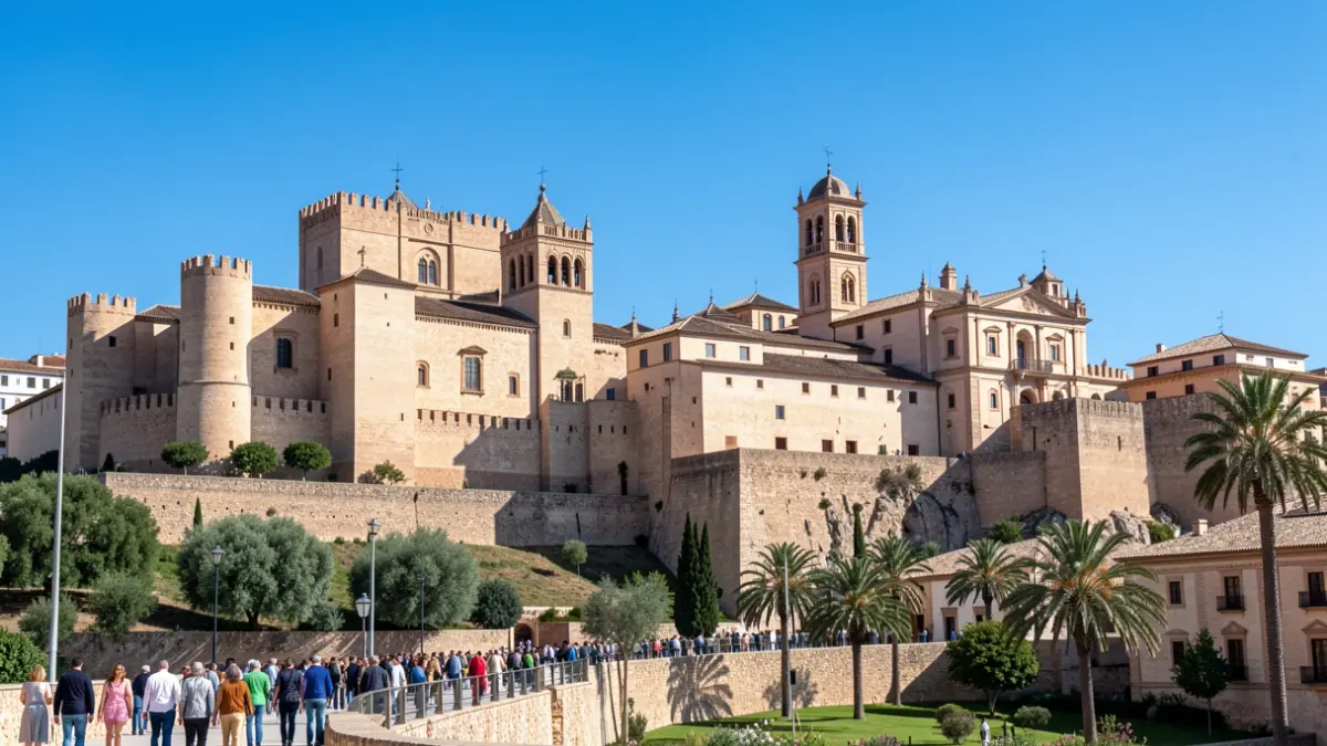 Vista panorámica del Castillo de La Calahorra y la Catedral de Guadix, destacando su arquitectura histórica.