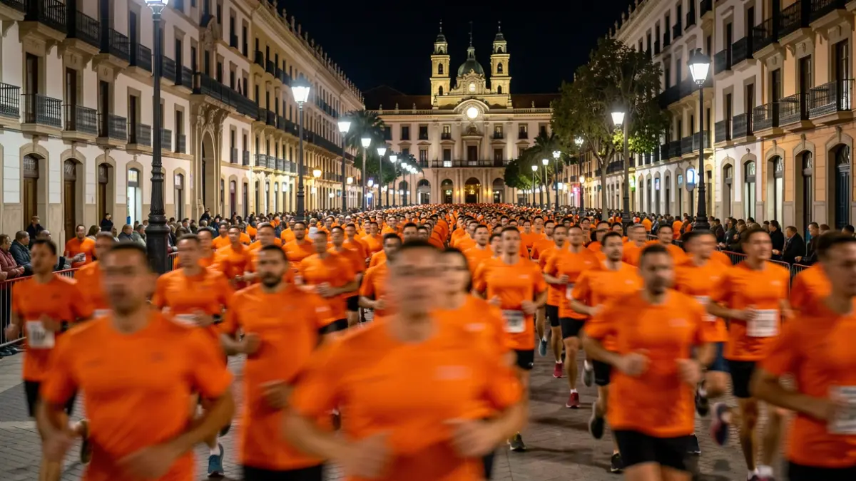 Generic image of a crowd of runners in orange t-shirts moving through the streets of Sevilla at night.