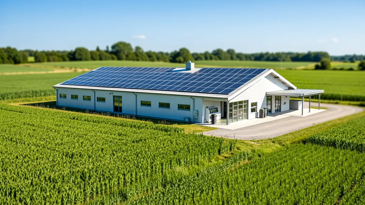 Instalaciones de investigación agrícola modernas con paneles solares y campos verdes.