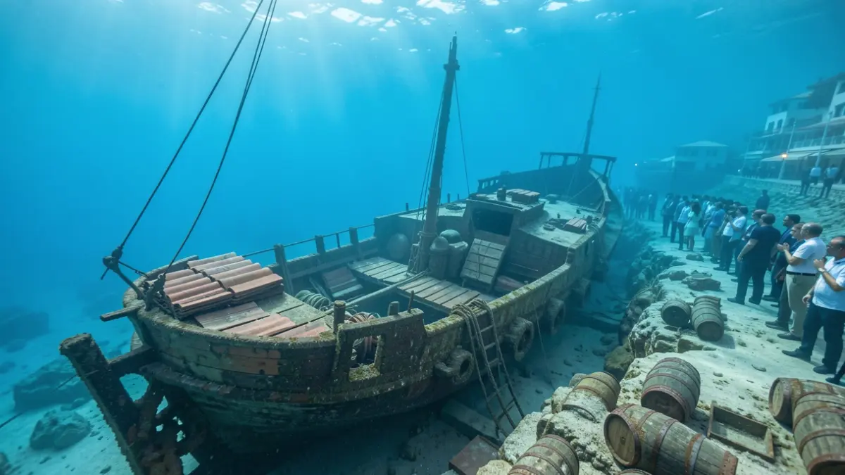 Image of a well-preserved 19th-century shipwreck on the seabed near Marbella, with visible cargo remains.