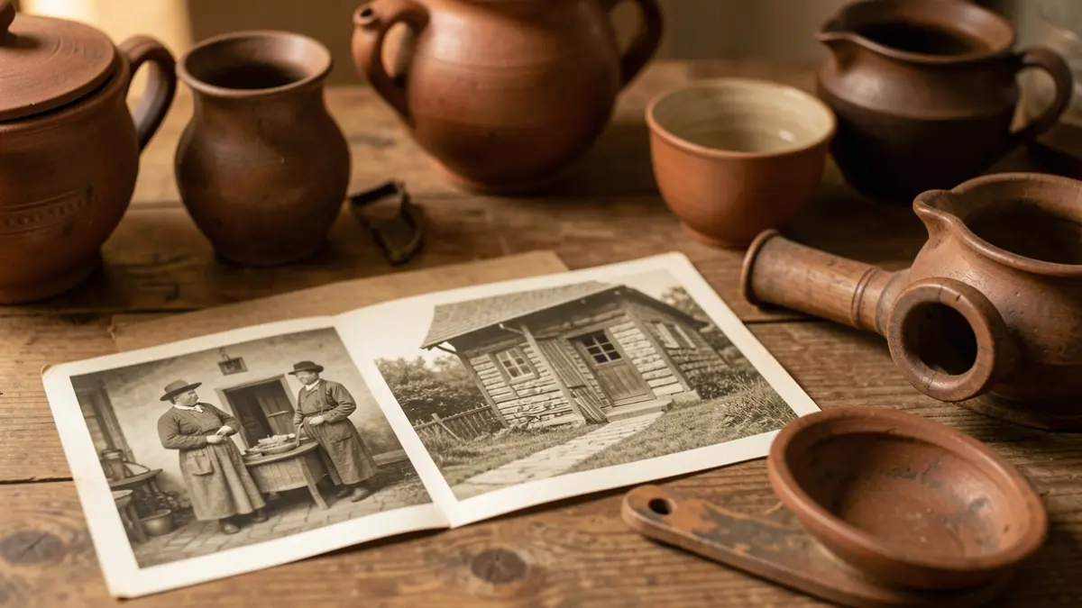 Close-up of historical photographs and traditional rural domestic utensils.