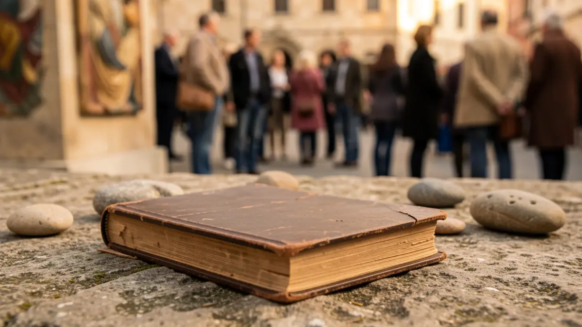 Poetry book on stone with symbolic artistic elements.