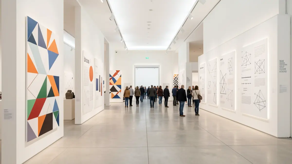 Interior of a modern exhibition hall in Andalusia with geometric patterns and mathematical concepts.