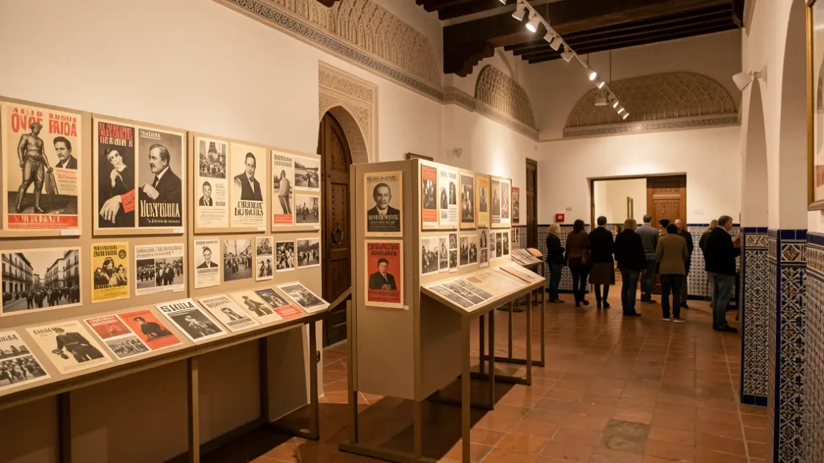Exhibition 'Roots and Legacy' at the Chamber of Commerce of Seville, featuring old posters and advertisements.