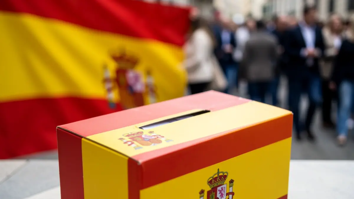 Boca de urna electoral con los colores de la bandera española y andaluza de fondo.