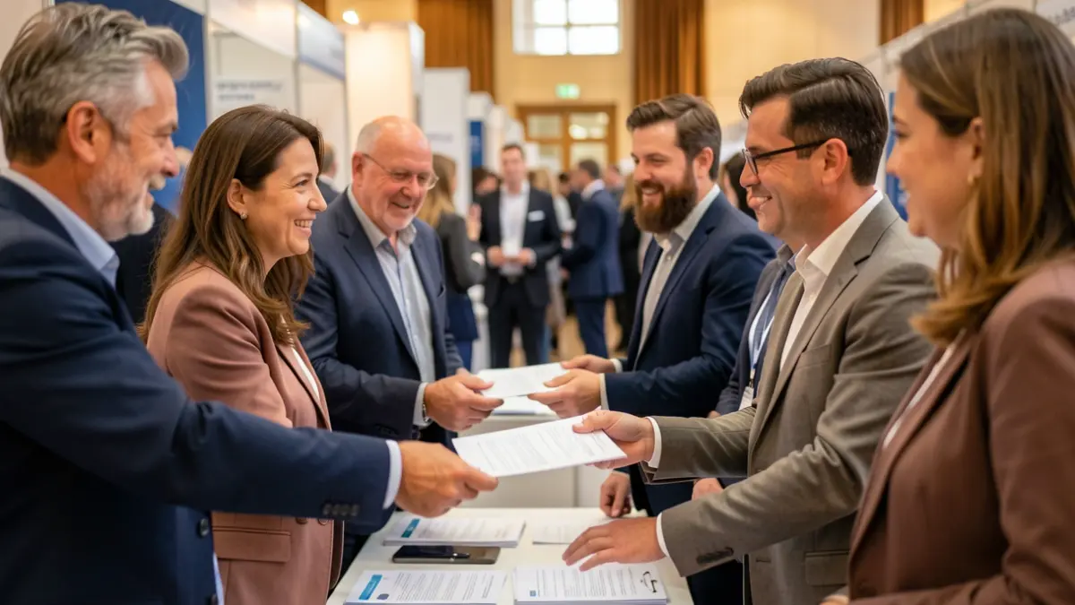Imagen genérica de una feria de empleo con personas interactuando en los stands.