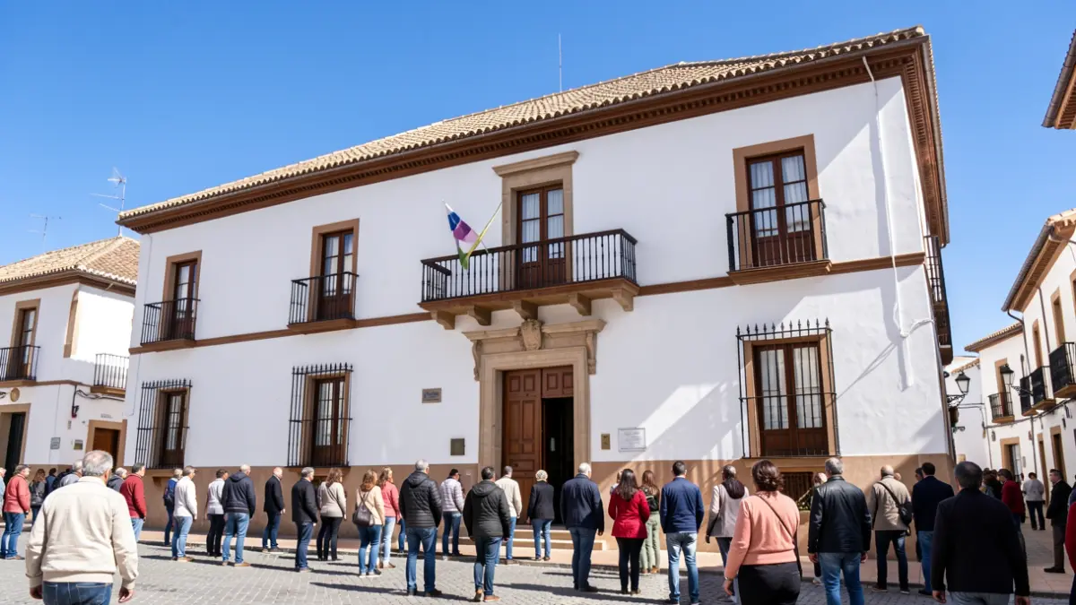 Fachada del Ayuntamiento de Ferreira, un edificio tradicional andaluz con balcón.