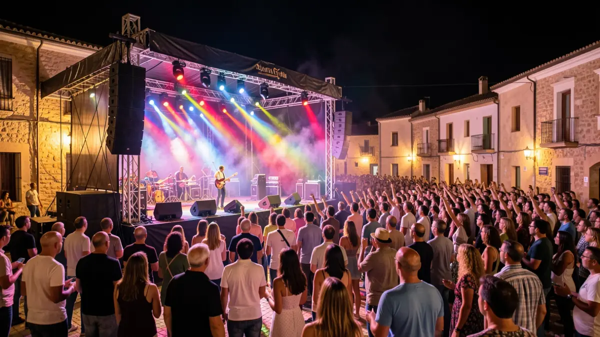 Escena de un festival de rock al aire libre por la noche en un recinto ferial.