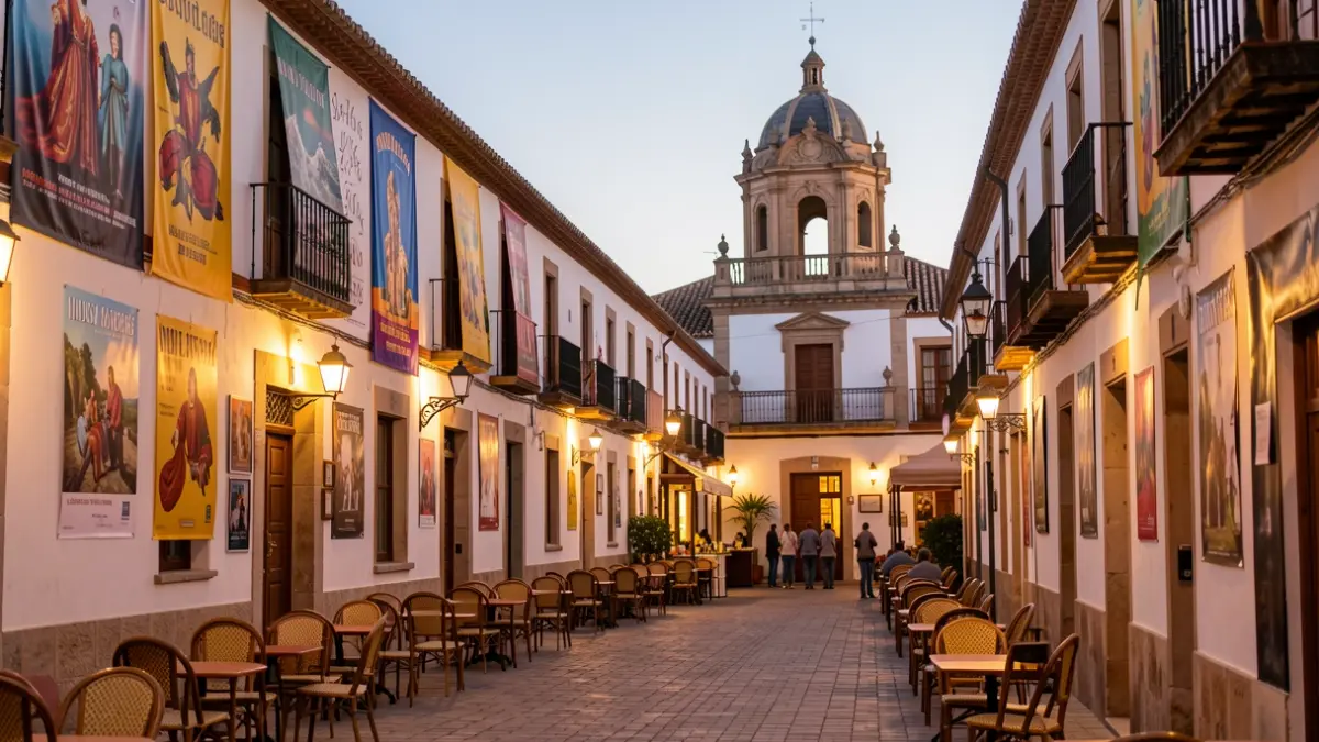 Escena callejera festiva en una plaza de Andalucía al atardecer, con carteles y luces cálidas.