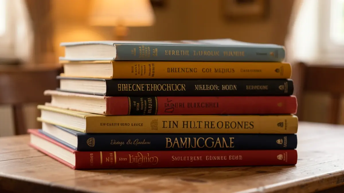 Imagen genérica de libros apilados sobre una mesa de madera con luz cálida.