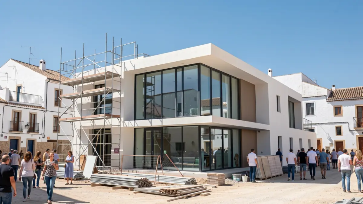 Imagen de las obras del nuevo centro cultural Las Albinas en Chiclana, con fachada en rehabilitación y elementos de construcción.