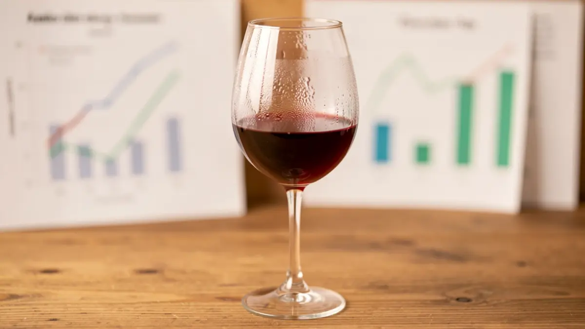 Primer plano de una copa de vino tinto con gotas de condensación sobre una mesa de madera, con gráficos científicos desenfocados al fondo.