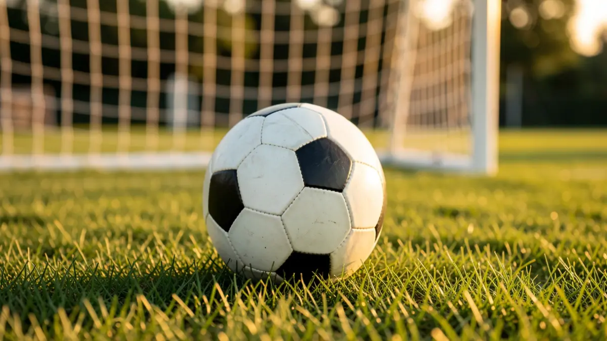 Generic image of a soccer ball on grass with a blurred goal net in the background.