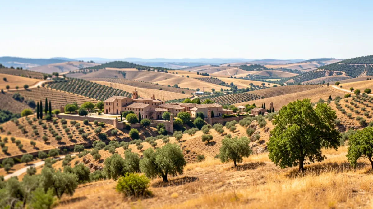 Paisaje del Valle del Guadiato en Andalucía, con colinas y arquitectura tradicional.