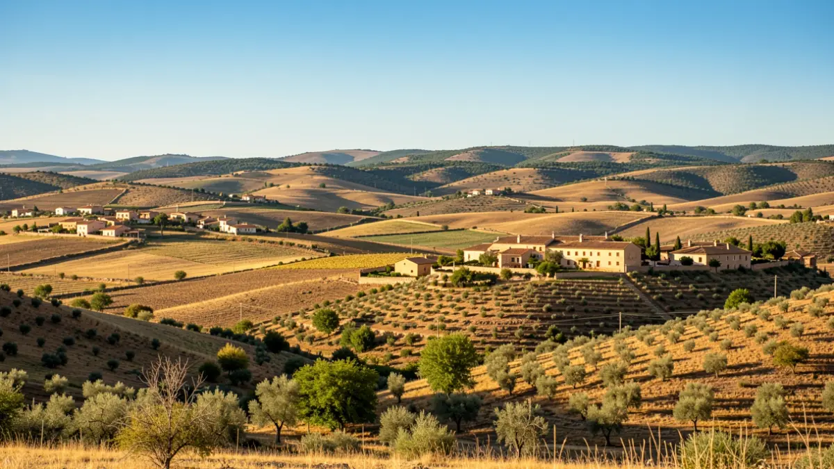 Generic image of a rural landscape in Castilla-La Mancha with small villages and hills.