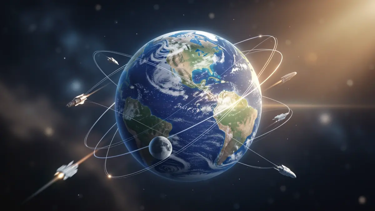 Generic image of Earth and Moon with abstract space exploration elements.
