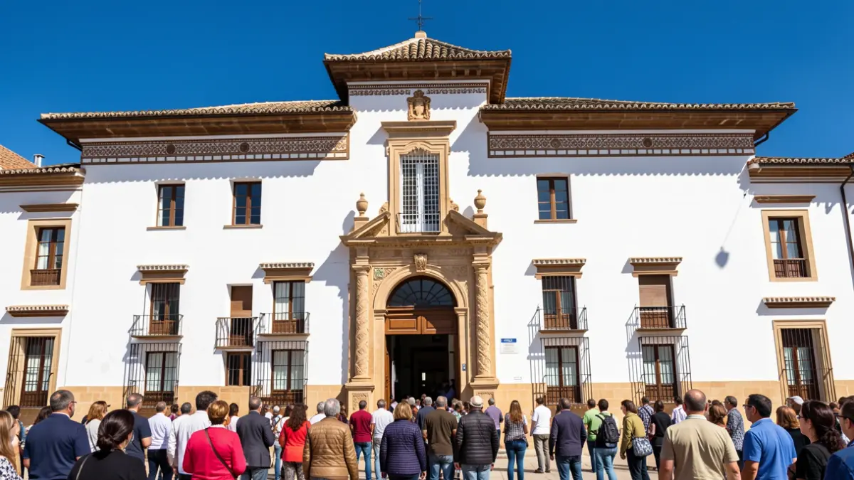 Fachada genérica de un ayuntamiento andaluz con detalles de azulejos y sol intenso.