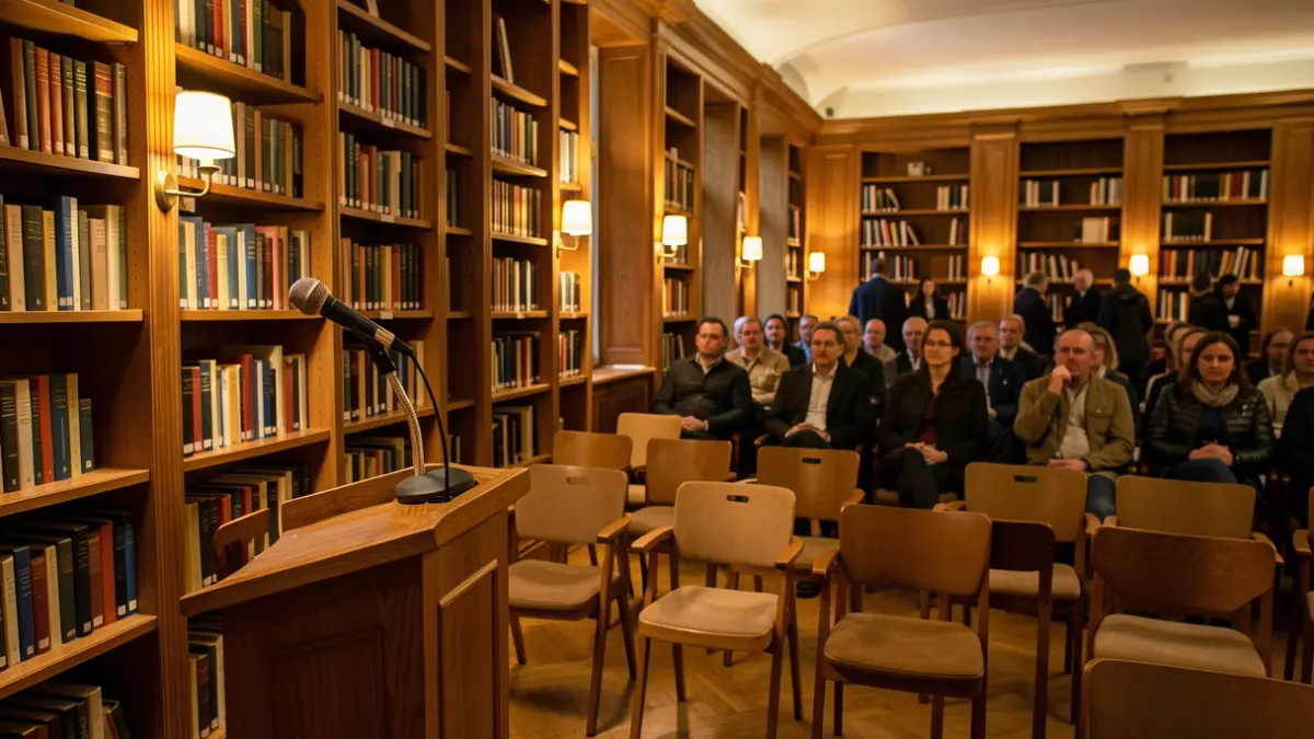 Interior de una biblioteca municipal con estanterías de madera y ambiente acogedor.