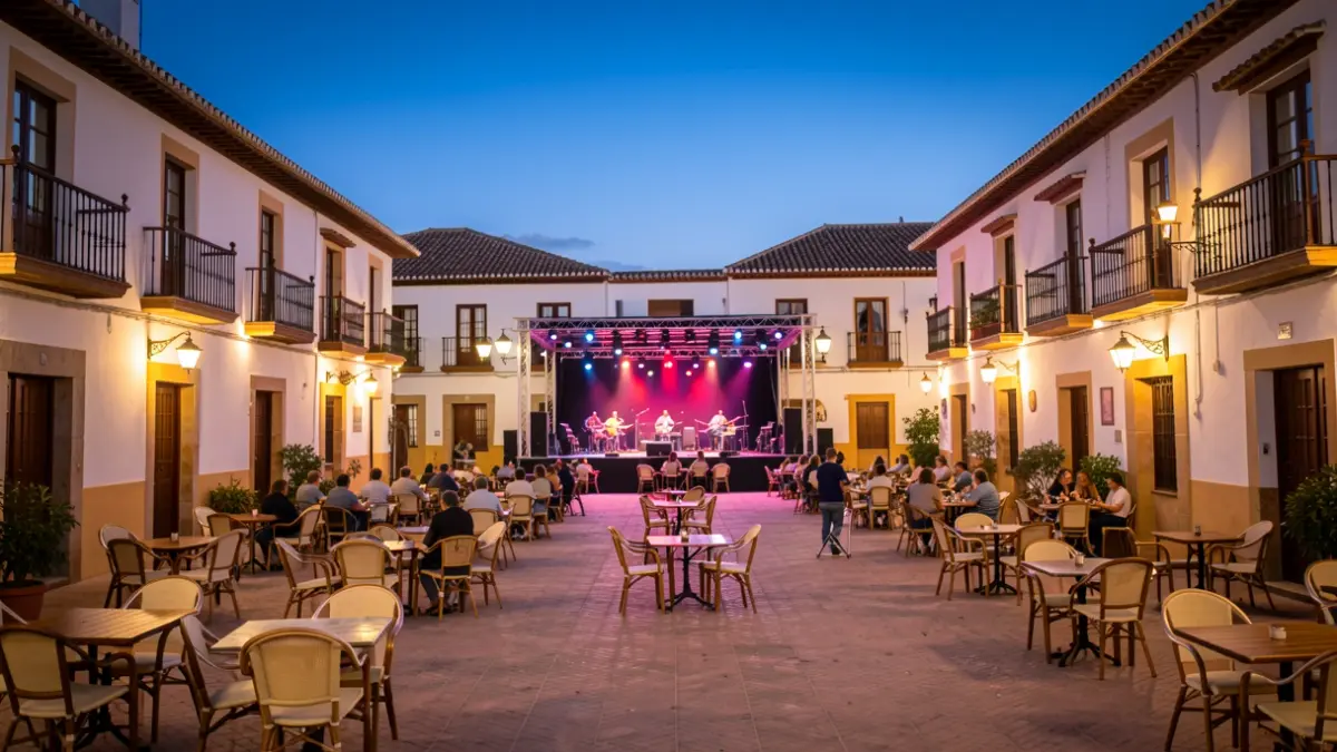 Fuengirola's Plaza de España at dusk, with a concert stage and festive atmosphere.
