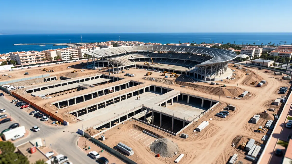 Aerial view of the Los Boliches Macrocomplex construction in Fuengirola, showing stadium demolition and excavation for a megaparking.