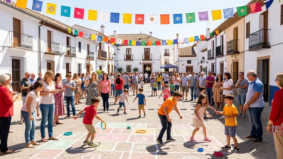 Imagen de la Feria de Juegos Populares en la Plaza de España de Fuengirola, con familias disfrutando de juegos tradicionales al aire libre.