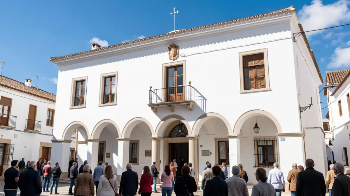 Fachada de un ayuntamiento andaluz blanco con arcos y balcón, bajo el sol brillante.