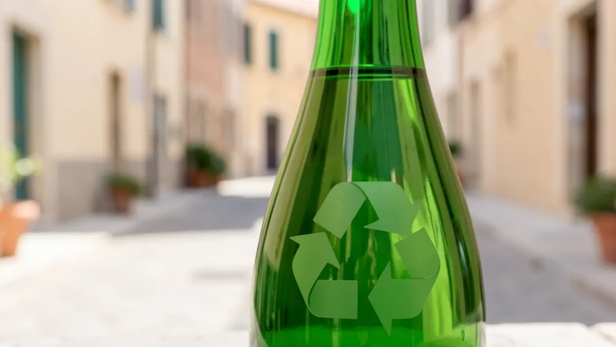 Recycling symbol on a glass bottle with a sunny street background.
