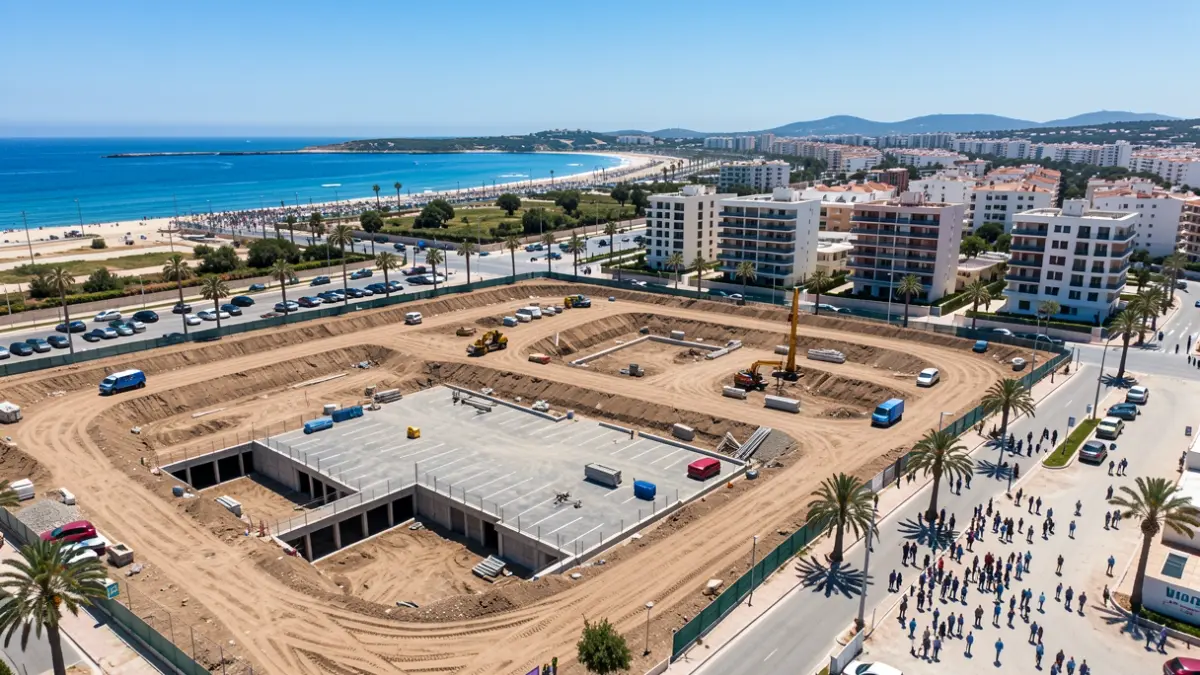 Vista aérea de las obras del Complejo Los Boliches en Fuengirola, mostrando la excavación para un megaparking y nuevas instalaciones.
