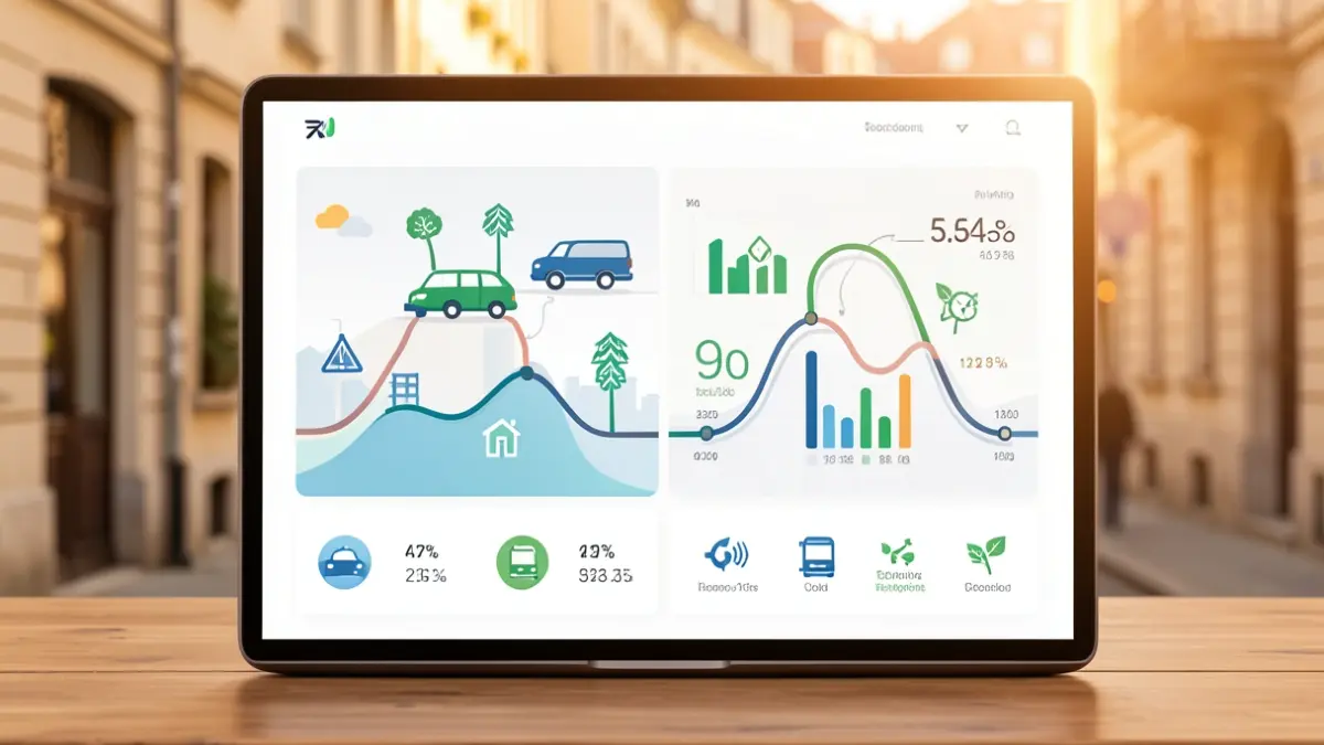 Interfaz digital moderna mostrando datos de la ciudad con iconos abstractos de movilidad y sostenibilidad.