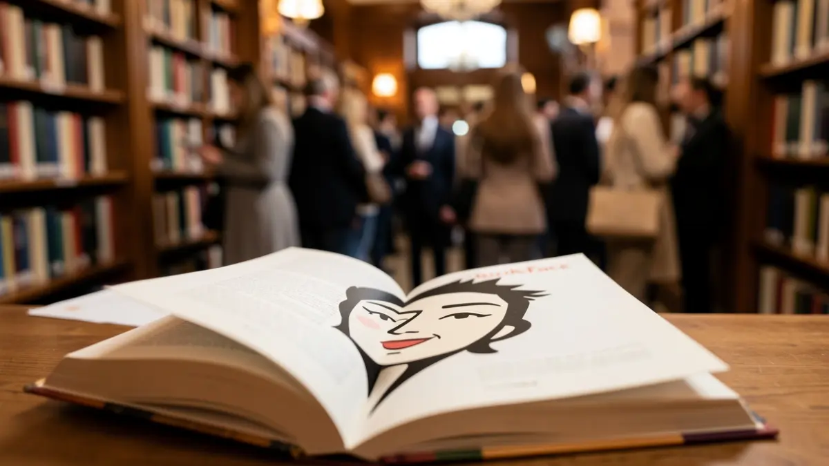Imagen de un libro abierto con una cara estilizada emergiendo de la portada, representando el concurso 'BookFace'.