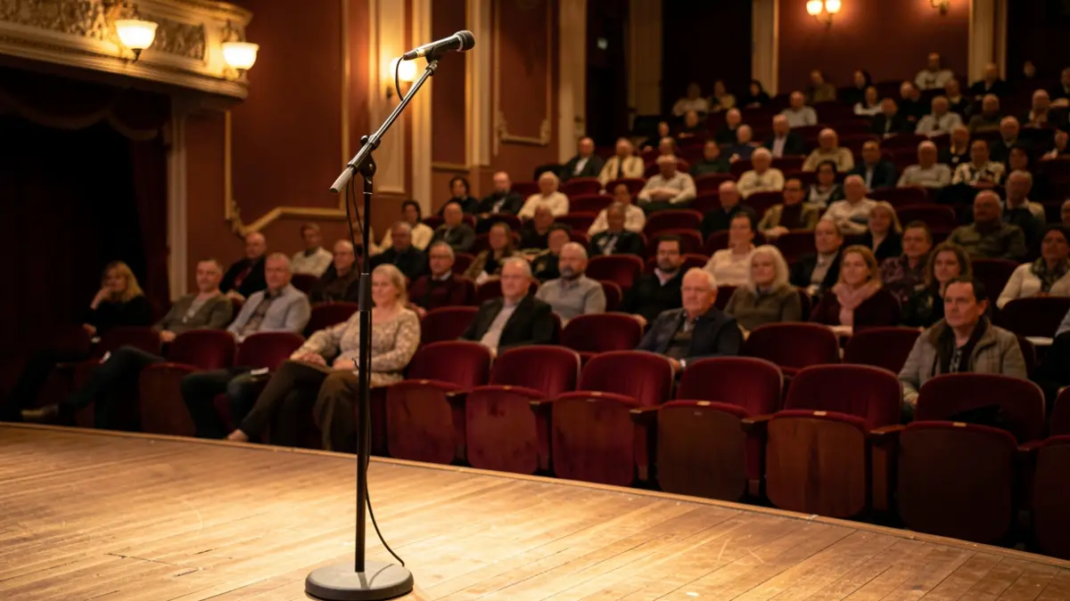 Escenario de teatro con micrófono y butacas vacías, ambiente cultural.