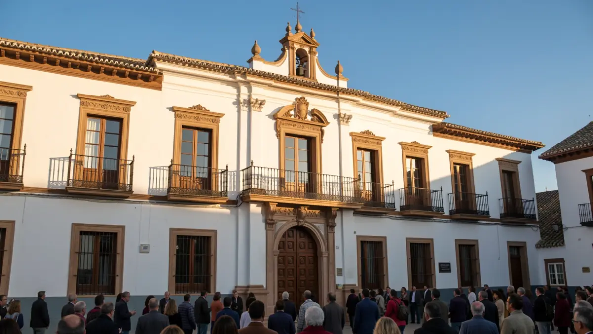 Facade of an Andalusian town hall with ornate balconies and white walls, under the warm afternoon sunlight.