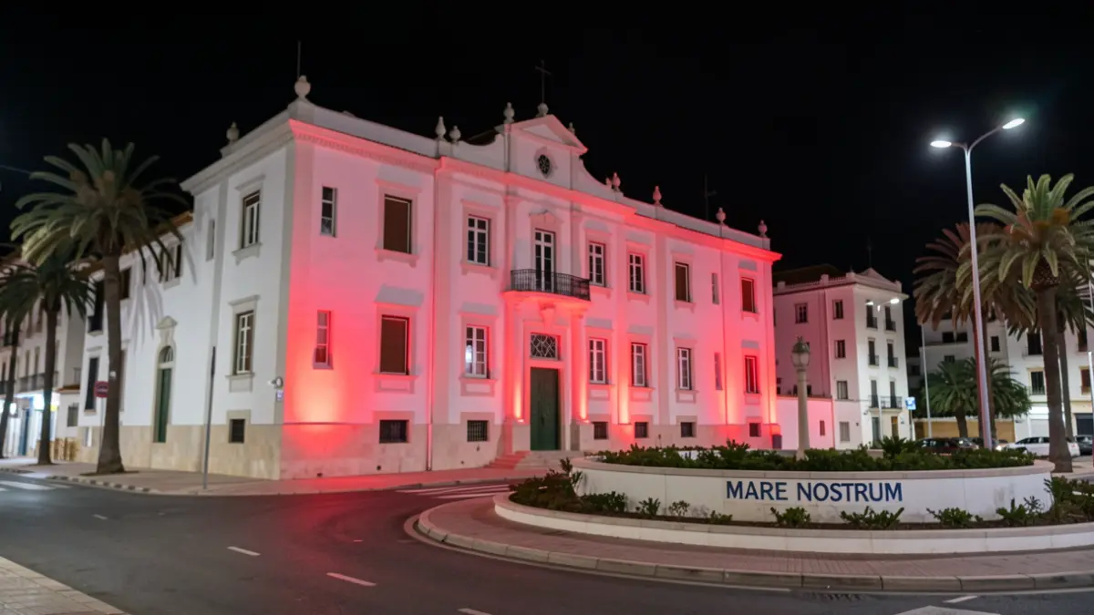 Fachada del Ayuntamiento de Fuengirola y rotonda Mare Nostrum iluminadas de rojo.