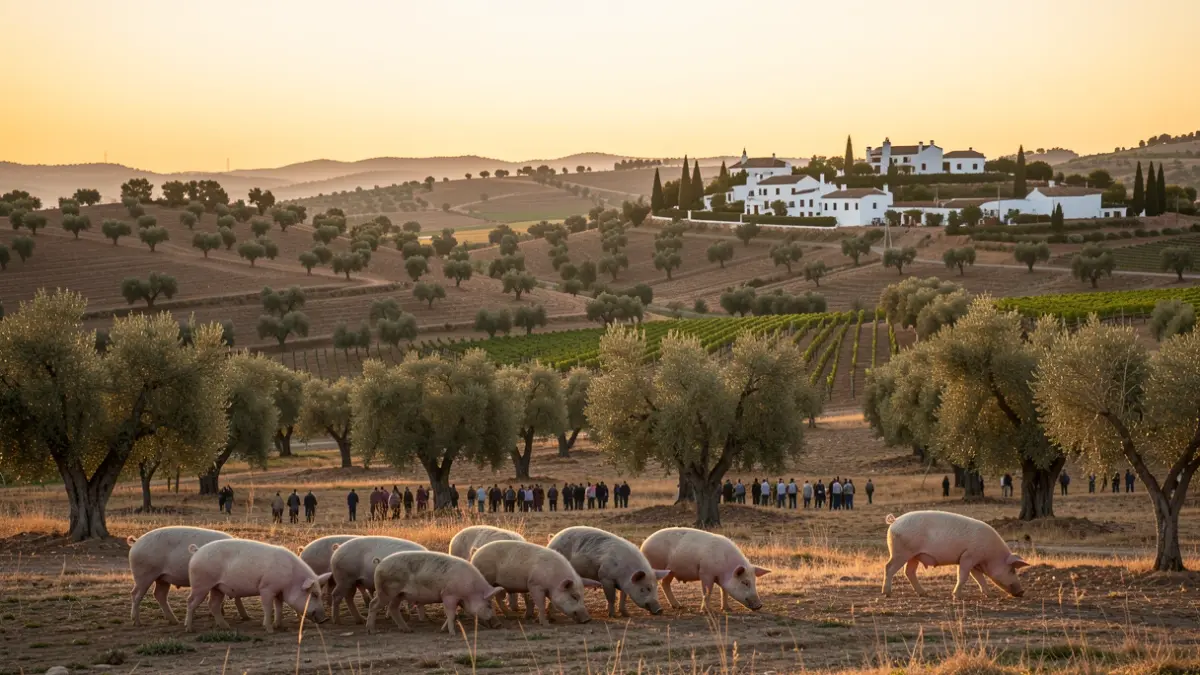 Paisaje rural andaluz al atardecer con ganado ibérico y casas blancas.