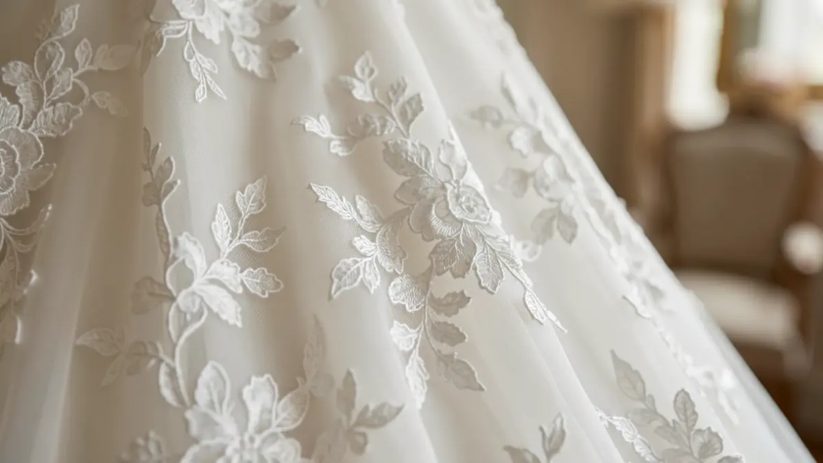 Primer plano de tela de vestido de novia con encaje intrincado.