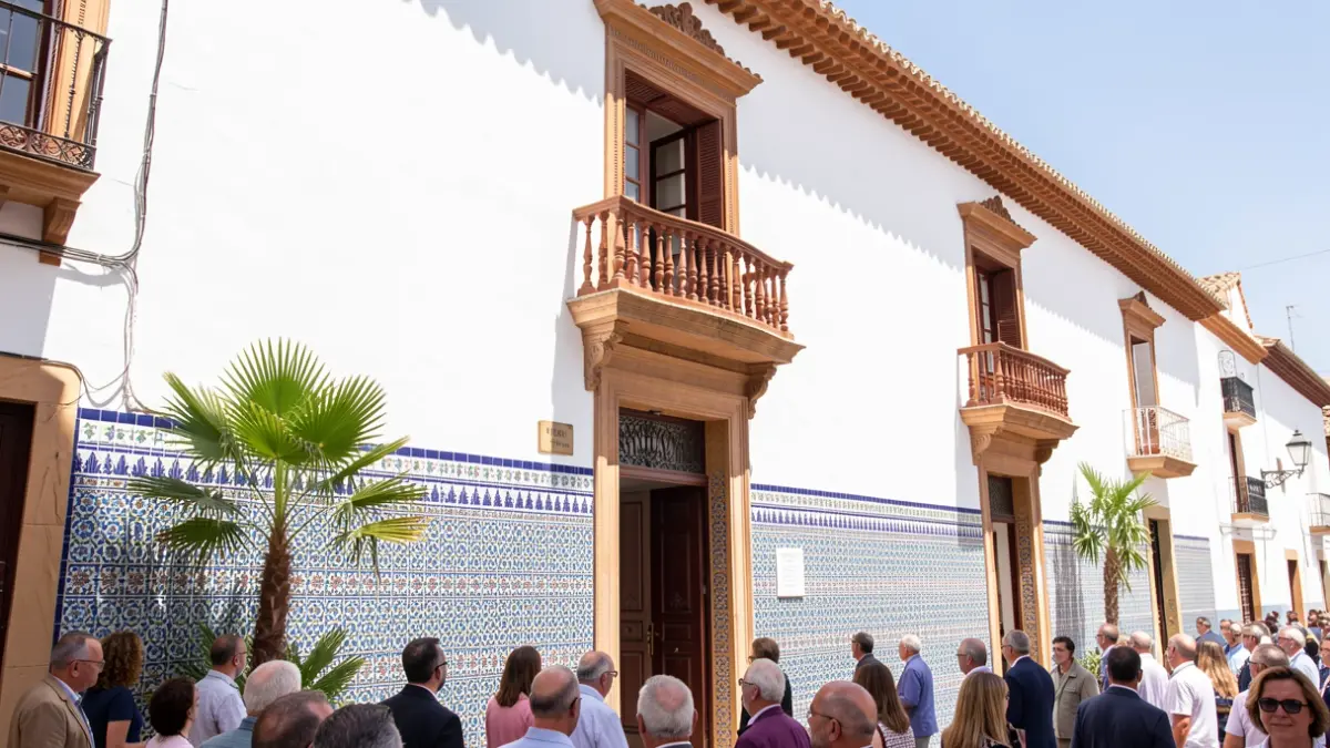 Fachada de un ayuntamiento andaluz con azulejos y balcón.