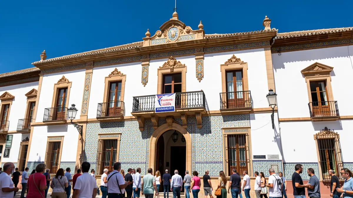 Fachada del Ayuntamiento de Fuentes de Andalucía, un edificio tradicional andaluz con paredes blancas, azulejos coloridos y un balcón ornamentado, bajo un cielo azul brillante.