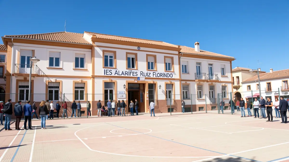 Fachada del IES Alarifes Ruiz Florindo con sus pistas deportivas.