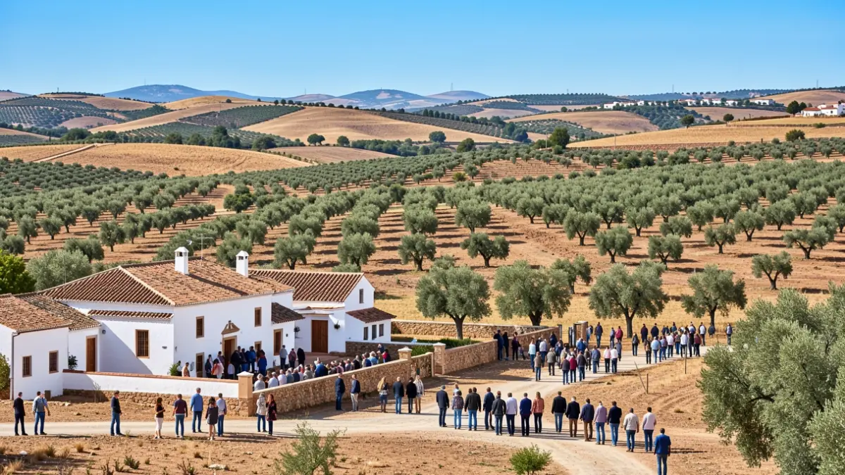 Paisaje rural andaluz con colinas y olivos.