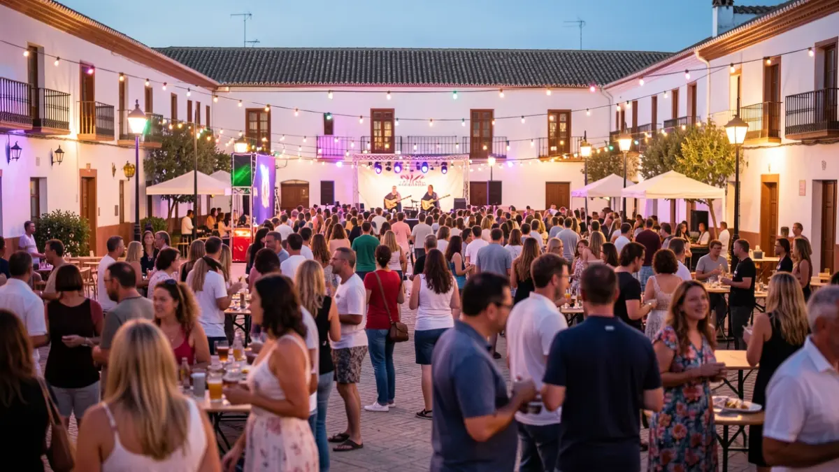 Generic image of a music festival in an Andalusian square with crowds and traditional architecture.