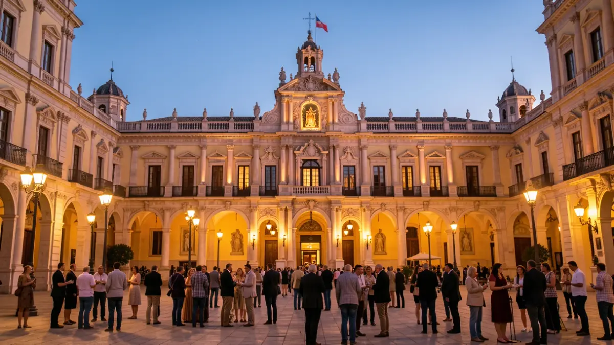 Imagen genérica de la Plaza Virgen de los Reyes en Sevilla al atardecer, con arquitectura y farolas.