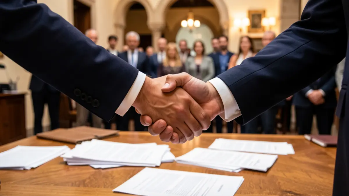 Executive hands shaking over a desk with documents, with Andalusian architecture in the background.