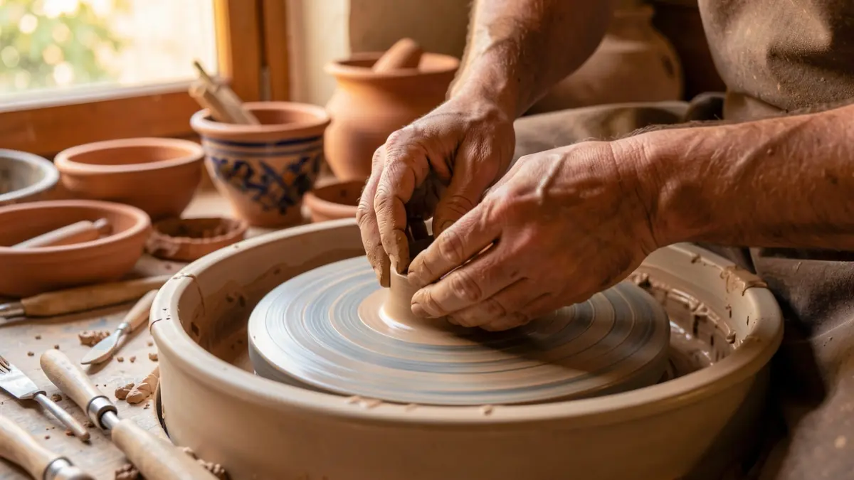 Hands working with clay on a pottery wheel in Gines.
