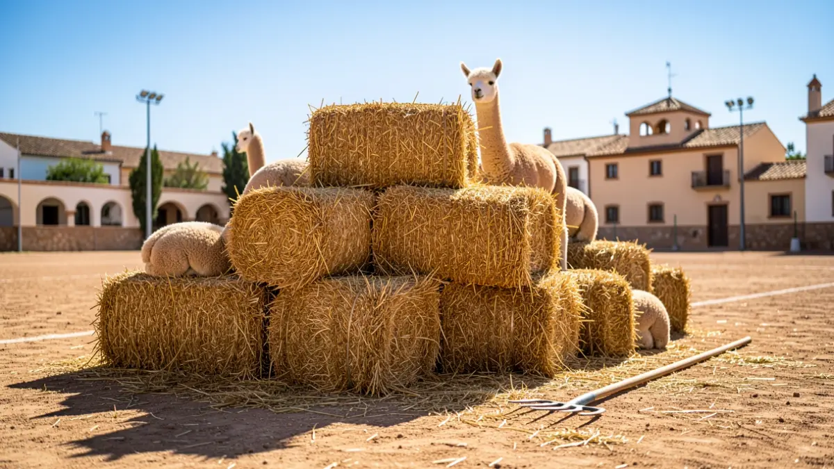 Image of straw bales (alpacas) and a trident on a sports field.