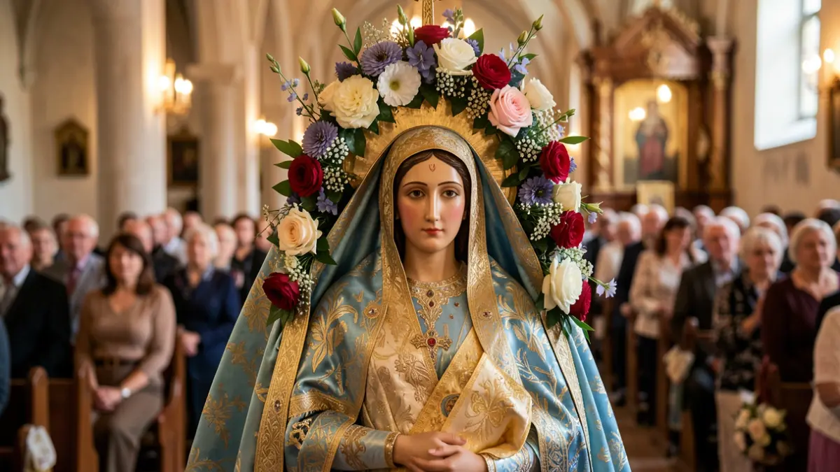 Generic image of a virgin adorned with flowers inside a church.