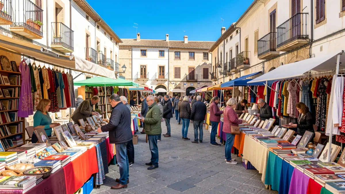 Generic image of an outdoor second-hand market in a town square in Andalusia.