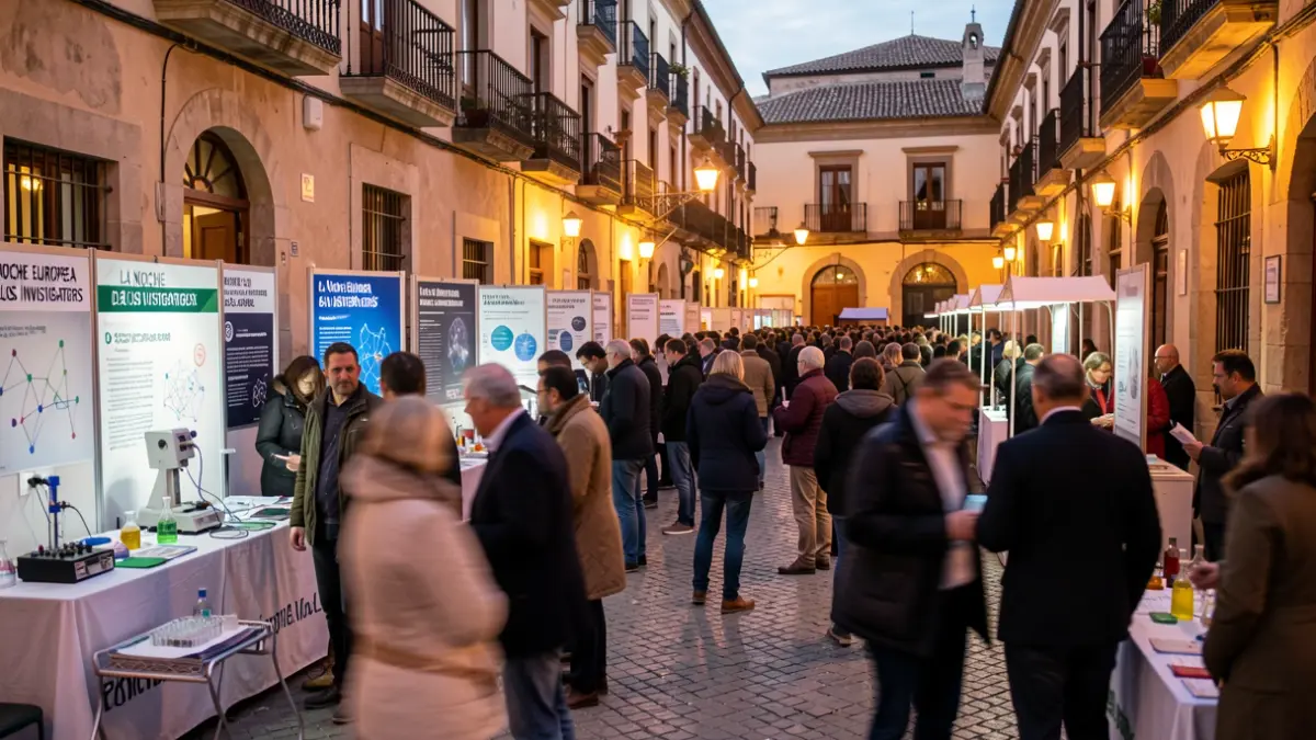 Imagen de la Noche Europea de los Investigadores en Granada, con gente interactuando en puestos de ciencia bajo luces nocturnas.