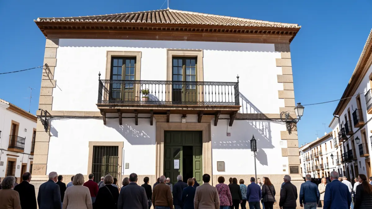 Facade of an Andalusian town hall with an iron balcony and blue sky.