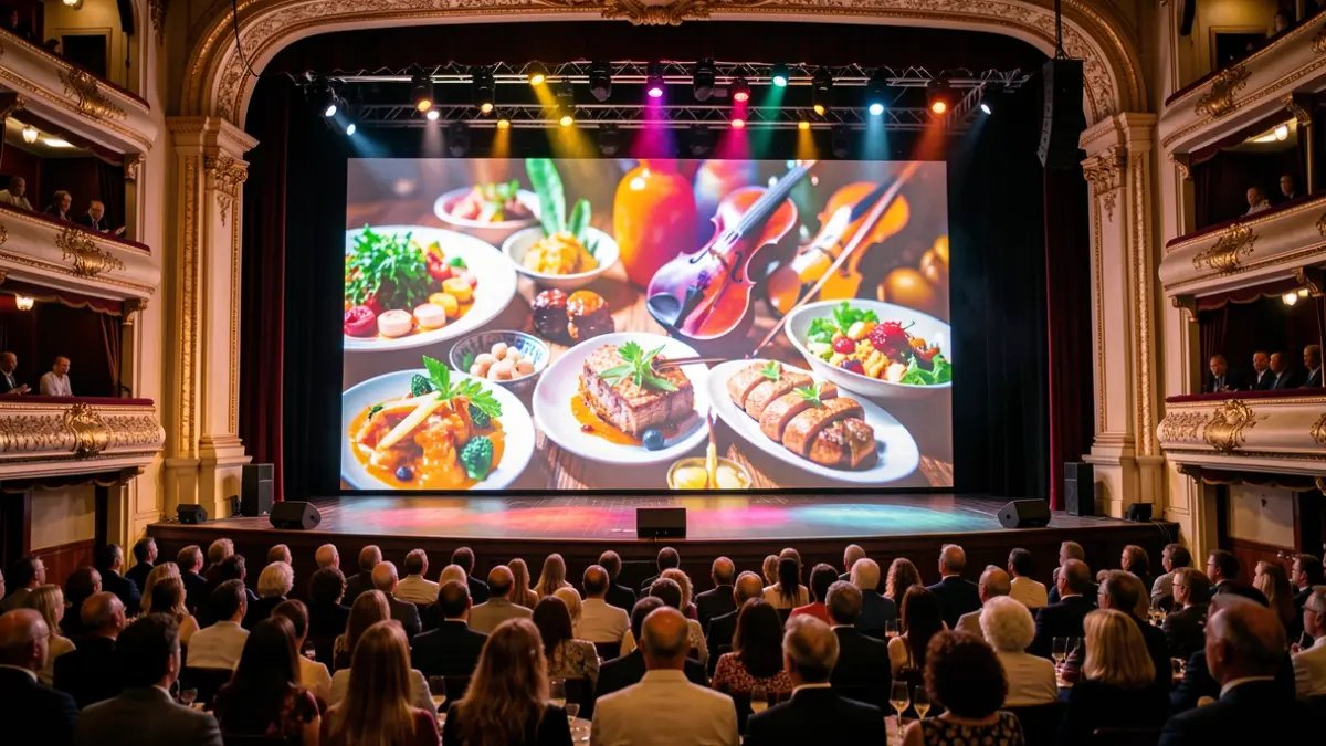 Imagen genérica de un evento gastronómico inmersivo en un teatro con elementos abstractos de comida, música y luces.